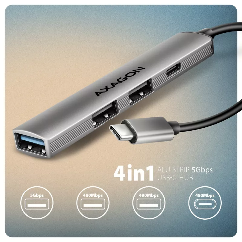USB-jaotur AXAGON HUE-STC, 4-pordiline alumiiniumriba, 1x USB-A 5 Gbps + 2x USB-A & 1x USB-C 480 Mbps, USB-C host, 12 cm kaabel, hall