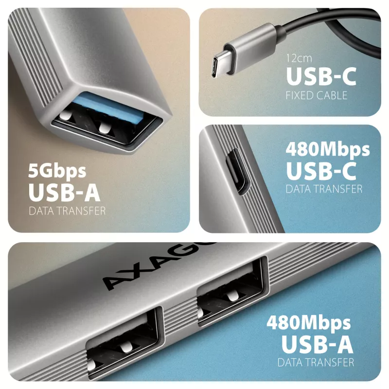 USB-jaotur AXAGON HUE-STC, 4-pordiline alumiiniumriba, 1x USB-A 5 Gbps + 2x USB-A & 1x USB-C 480 Mbps, USB-C host, 12 cm kaabel, hall