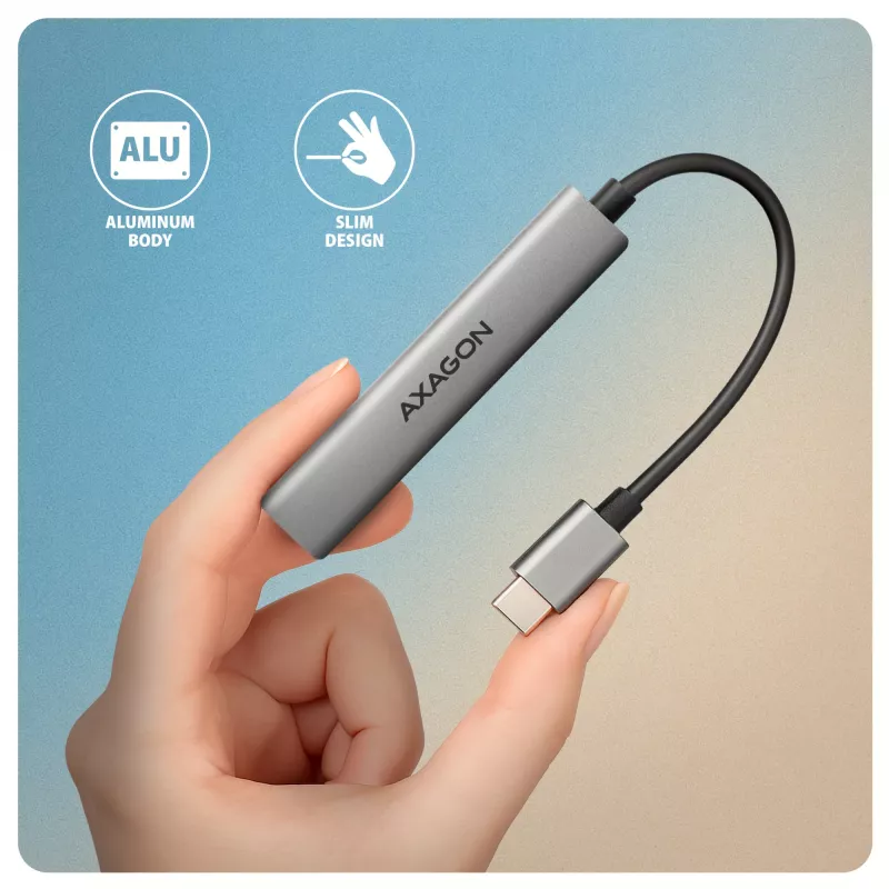 USB-jaotur AXAGON HUE-STC, 4-pordiline alumiiniumriba, 1x USB-A 5 Gbps + 2x USB-A & 1x USB-C 480 Mbps, USB-C host, 12 cm kaabel, hall