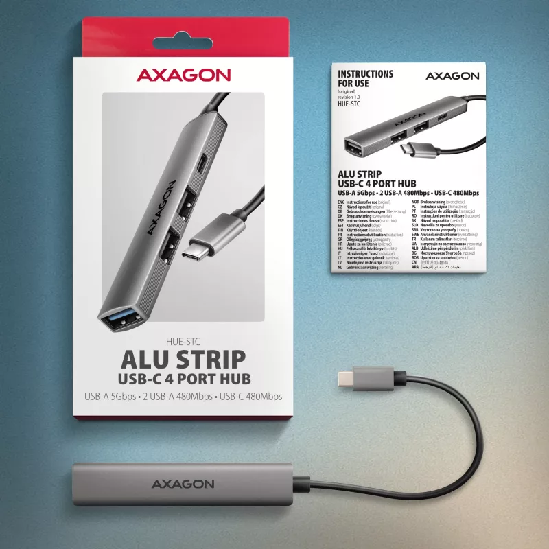 USB-jaotur AXAGON HUE-STC, 4-pordiline alumiiniumriba, 1x USB-A 5 Gbps + 2x USB-A & 1x USB-C 480 Mbps, USB-C host, 12 cm kaabel, hall