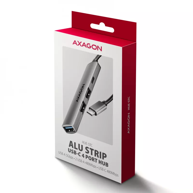 USB-jaotur AXAGON HUE-STC, 4-pordiline alumiiniumriba, 1x USB-A 5 Gbps + 2x USB-A & 1x USB-C 480 Mbps, USB-C host, 12 cm kaabel, hall