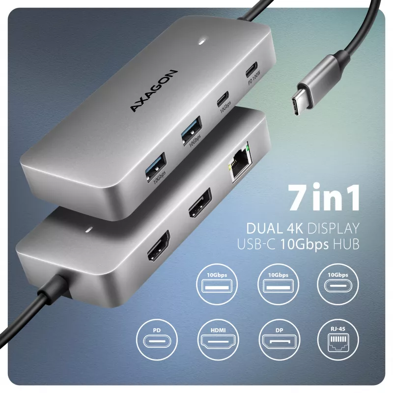 Axagon HMC-CUB83X2 USB 10Gbps jaotur, 2x USB-A, USB-C, HDMI & DP 4k/144Hz, RJ-45, PD 100W