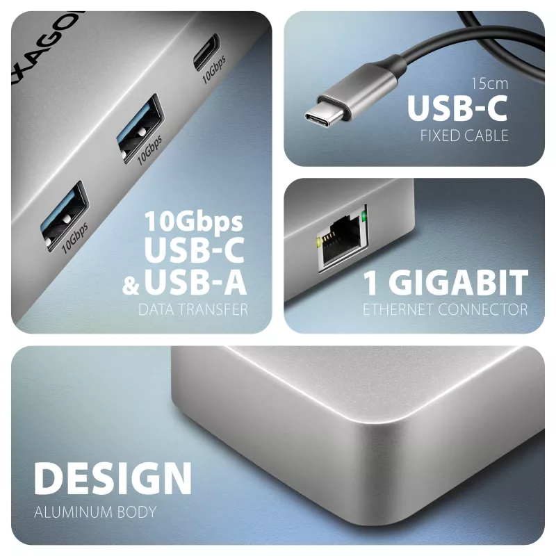 Axagon HMC-CUB83X2 USB 10Gbps jaotur, 2x USB-A, USB-C, HDMI & DP 4k/144Hz, RJ-45, PD 100W