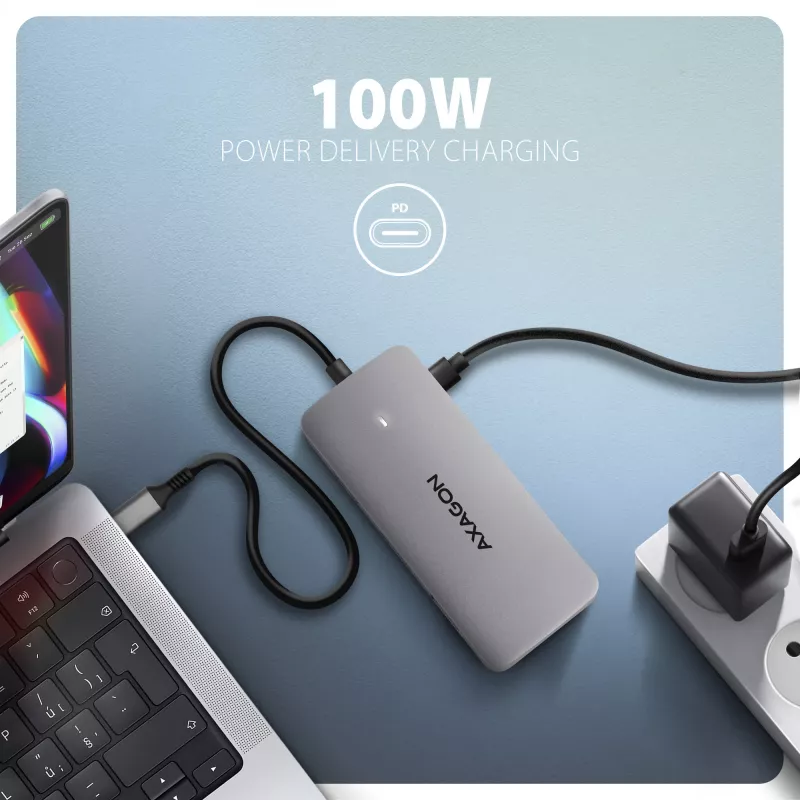 Axagon HMC-CUB83X2 USB 10Gbps jaotur, 2x USB-A, USB-C, HDMI & DP 4k/144Hz, RJ-45, PD 100W
