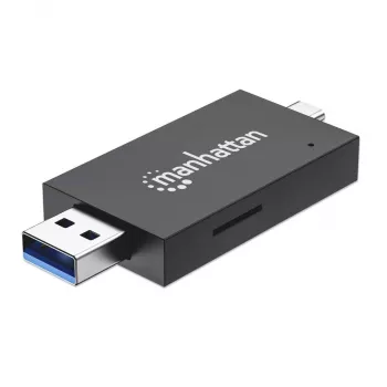 Manhattan USB-A / USB-C combo Multi-Card Reader/Writer, 5 Gbps (USB 3.2 Gen1 aka USB 3.0), Male to microSD and SD/MMC Slots, Mini Format, SuperSpeed USB, Windows or Mac, Must/Transparent, Three Year Warranty