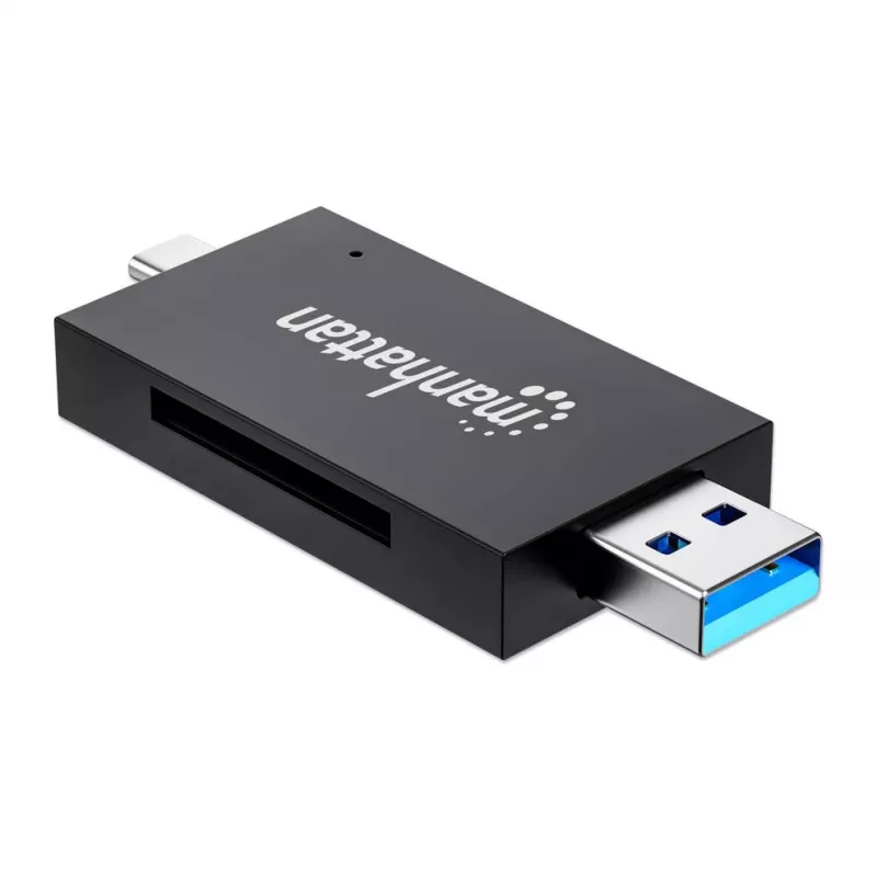 Manhattan USB-A / USB-C combo Multi-Card Reader/Writer, 5 Gbps (USB 3.2 Gen1 aka USB 3.0), Male to microSD and SD/MMC Slots, Mini Format, SuperSpeed USB, Windows or Mac, Must/Transparent, Three Year Warranty