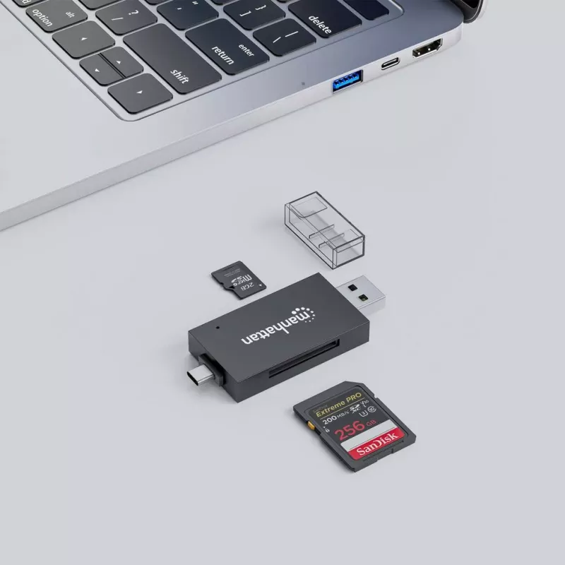 Manhattan USB-A / USB-C combo Multi-Card Reader/Writer, 5 Gbps (USB 3.2 Gen1 aka USB 3.0), Male to microSD and SD/MMC Slots, Mini Format, SuperSpeed USB, Windows or Mac, Must/Transparent, Three Year Warranty
