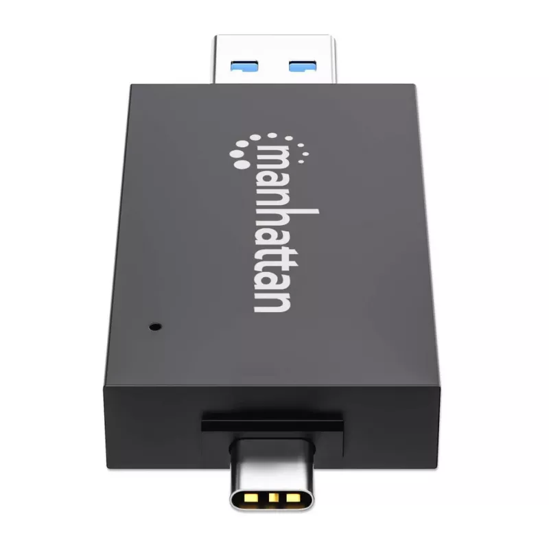 Manhattan USB-A / USB-C combo Multi-Card Reader/Writer, 5 Gbps (USB 3.2 Gen1 aka USB 3.0), Male to microSD and SD/MMC Slots, Mini Format, SuperSpeed USB, Windows or Mac, Must/Transparent, Three Year Warranty