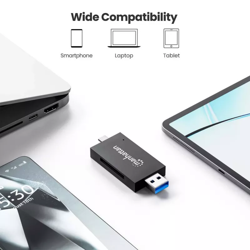 Manhattan USB-A / USB-C combo Multi-Card Reader/Writer, 5 Gbps (USB 3.2 Gen1 aka USB 3.0), Male to microSD and SD/MMC Slots, Mini Format, SuperSpeed USB, Windows or Mac, Must/Transparent, Three Year Warranty