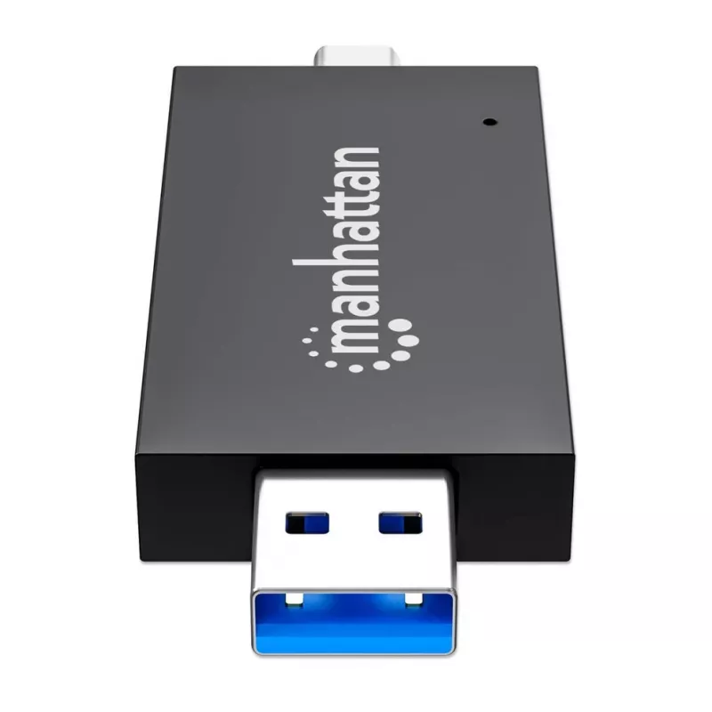 Manhattan USB-A / USB-C combo Multi-Card Reader/Writer, 5 Gbps (USB 3.2 Gen1 aka USB 3.0), Male to microSD and SD/MMC Slots, Mini Format, SuperSpeed USB, Windows or Mac, Must/Transparent, Three Year Warranty