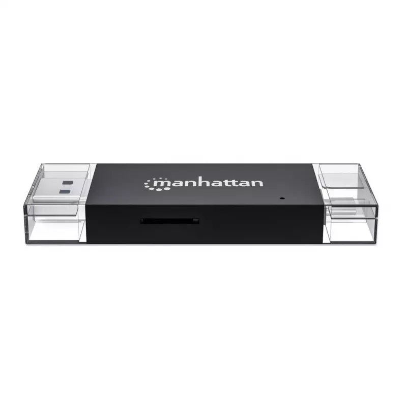 Manhattan USB-A / USB-C combo Multi-Card Reader/Writer, 5 Gbps (USB 3.2 Gen1 aka USB 3.0), Male to microSD and SD/MMC Slots, Mini Format, SuperSpeed USB, Windows or Mac, Must/Transparent, Three Year Warranty