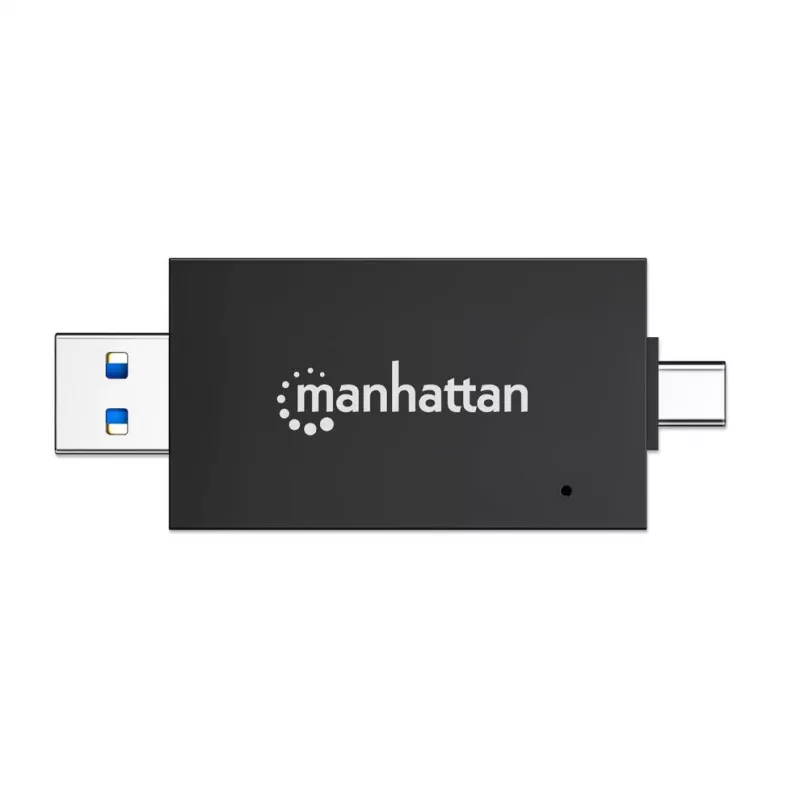 Manhattan USB-A / USB-C combo Multi-Card Reader/Writer, 5 Gbps (USB 3.2 Gen1 aka USB 3.0), Male to microSD and SD/MMC Slots, Mini Format, SuperSpeed USB, Windows or Mac, Must/Transparent, Three Year Warranty