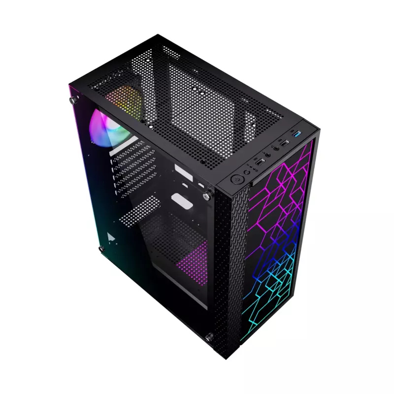 PC-korpus GEMBIRD Fornax 2500 Midi Tower must — ATX/ITX tugi, karastatud klaas, RGB, 3x120mm ees, 2x2,5-tollist pesa