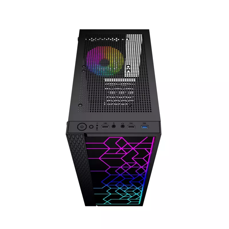 PC-korpus GEMBIRD Fornax 2500 Midi Tower must — ATX/ITX tugi, karastatud klaas, RGB, 3x120mm ees, 2x2,5-tollist pesa