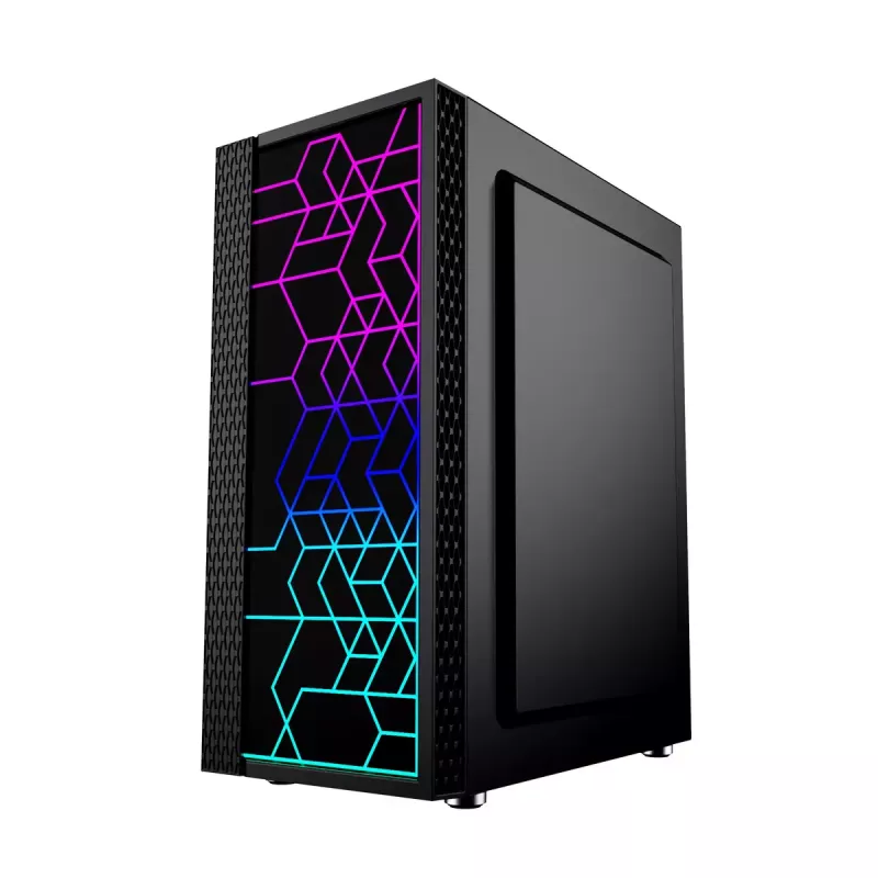 PC-korpus GEMBIRD Fornax 2500 Midi Tower must — ATX/ITX tugi, karastatud klaas, RGB, 3x120mm ees, 2x2,5-tollist pesa