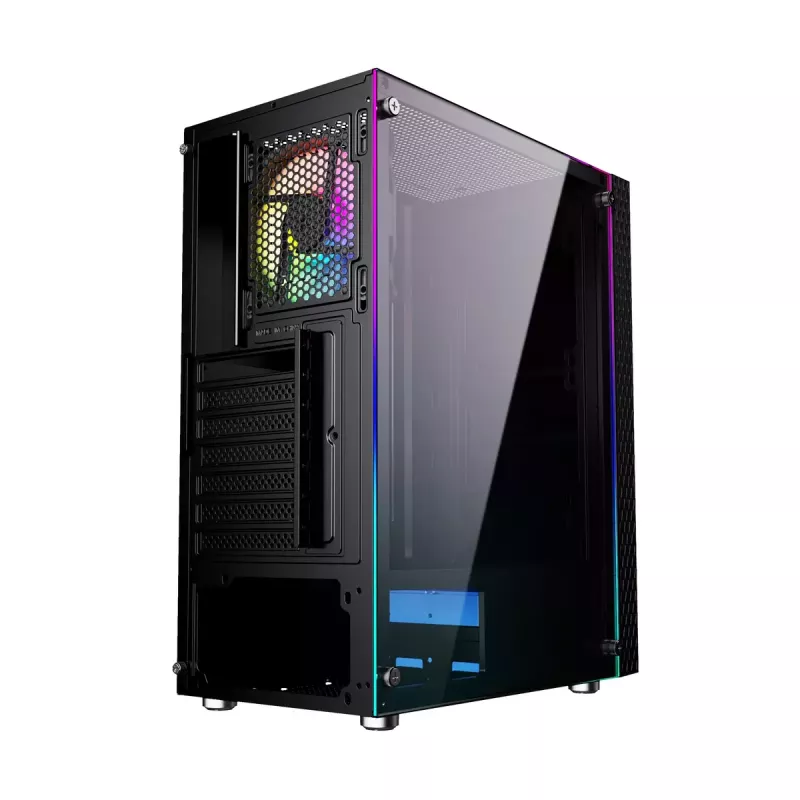 PC-korpus GEMBIRD Fornax 2500 Midi Tower must — ATX/ITX tugi, karastatud klaas, RGB, 3x120mm ees, 2x2,5-tollist pesa