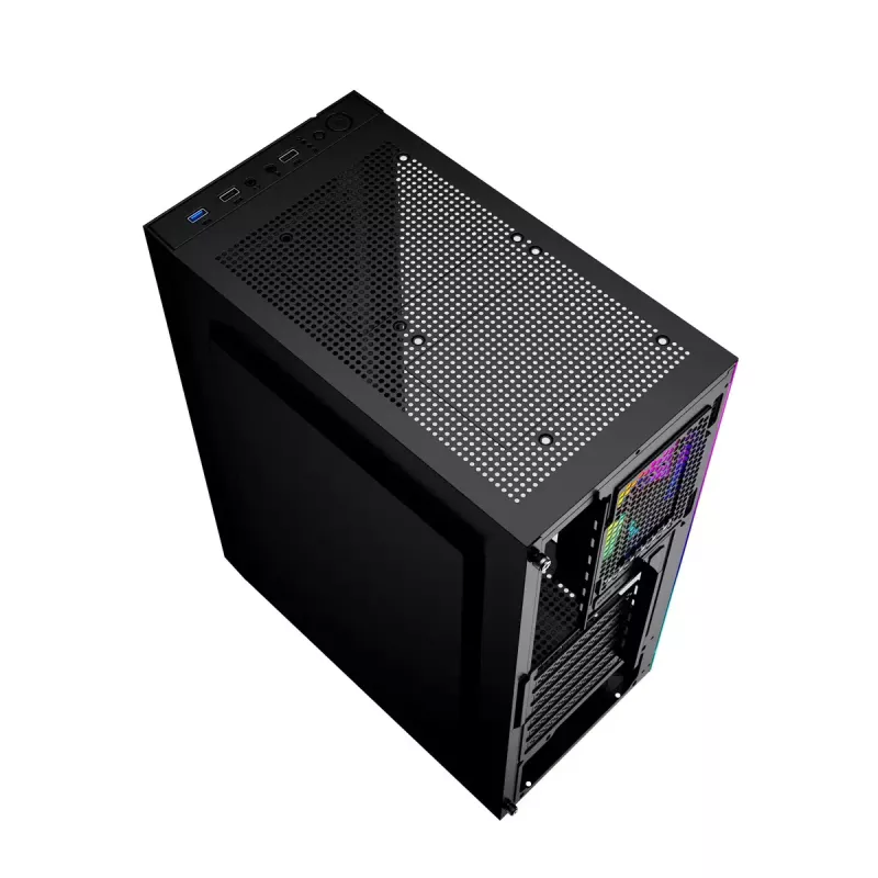 PC-korpus GEMBIRD Fornax 2500 Midi Tower must — ATX/ITX tugi, karastatud klaas, RGB, 3x120mm ees, 2x2,5-tollist pesa