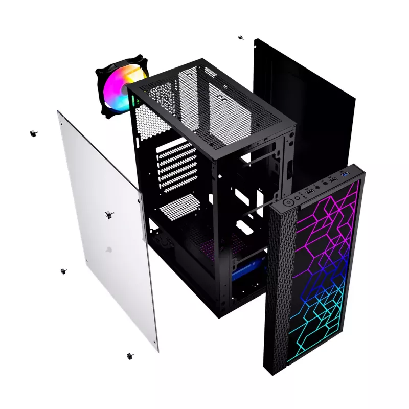 PC-korpus GEMBIRD Fornax 2500 Midi Tower must — ATX/ITX tugi, karastatud klaas, RGB, 3x120mm ees, 2x2,5-tollist pesa