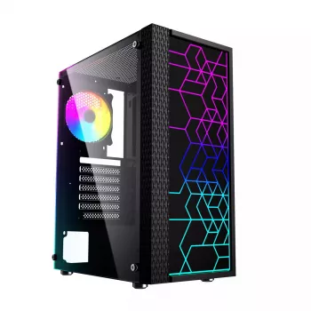 PC-korpus GEMBIRD Fornax 2500 Midi Tower must — ATX/ITX tugi, karastatud klaas, RGB, 3x120mm ees, 2x2,5-tollist pesa