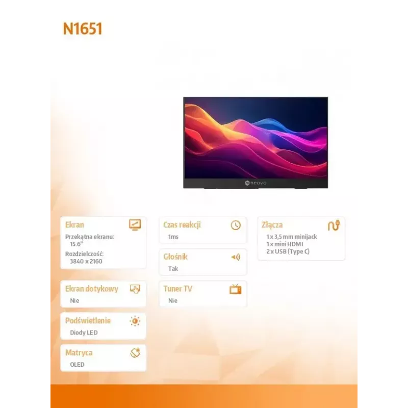 Monitor Neovo N1651 15 tolli OLED 4K USB-C mHDMI 400n
