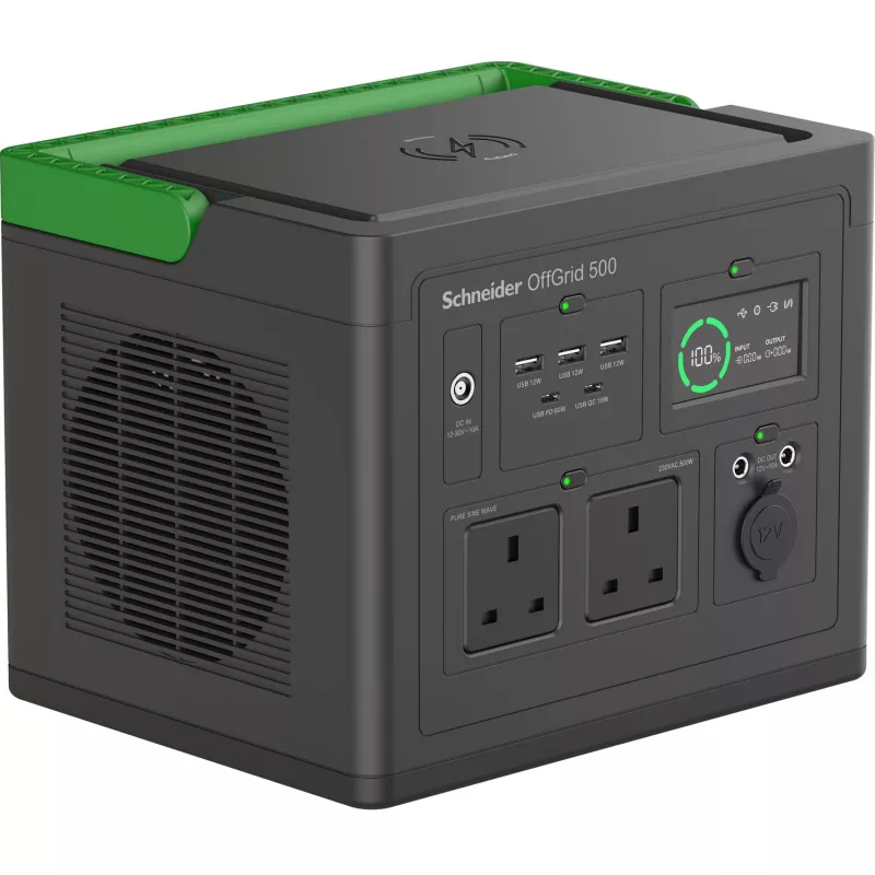 APC SE OffGrid kaasaskantav toitejaam 500 - Li-Ion aku, LCD, 2x Ühendkuningriigi pistikupesa, 3x USB-A, 2x USB-C, 3x 12V, juhtmevaba laadija