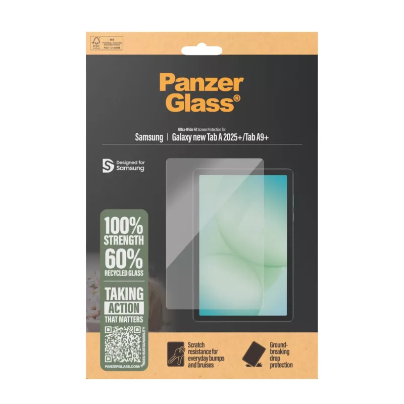 Karastatud ekraanikaitse PanzerGlass Samsung Galaxy Tab A11+/Tab A9+ jaoks — Ultra-Wide Fit, PET, läbipaistev
