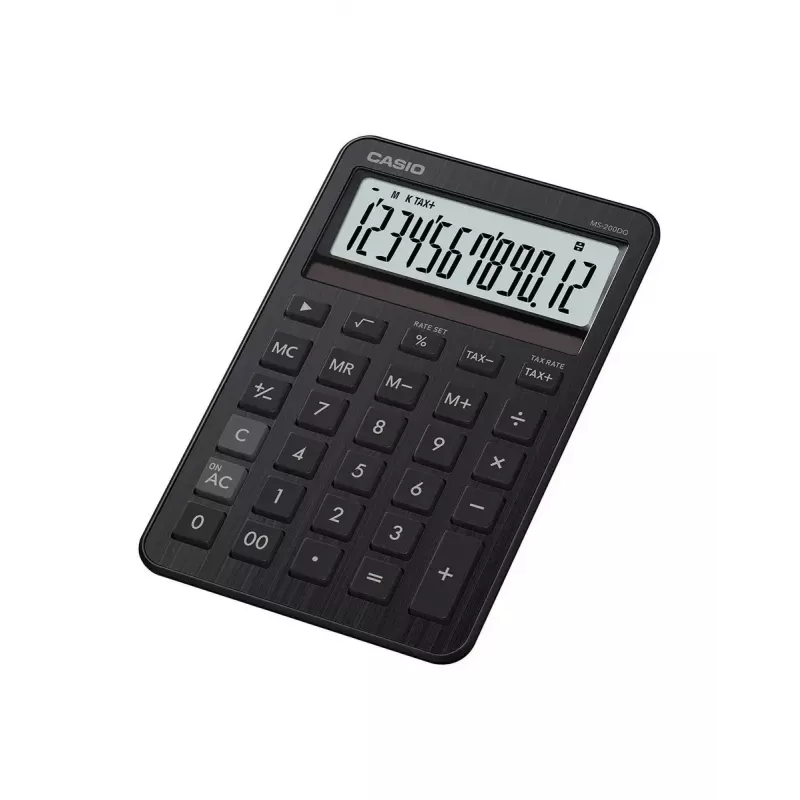 Lauakalkulaator CASIO MS-200DQ — Lihtne, 12-kohaline, aku/päikeseenergia, maksu- ja kasumiarvutusfunktsioonid, must