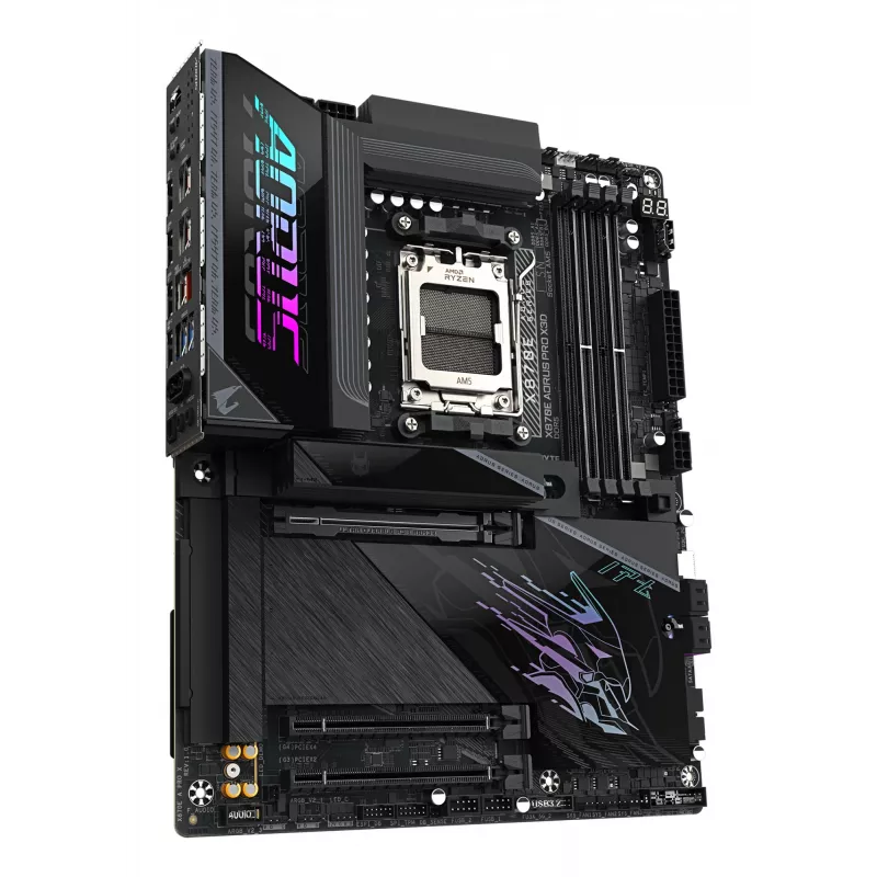 GIGABYTE X870E AORUS PRO X3D ATX emaplaat — AMD pesa AM5, 18+2+2 VRM, DDR5 kuni 9000 Hz (OC), 2×PCIe5 + 2×PCIe4, Wi‑Fi 7, 5GbE, USB4
