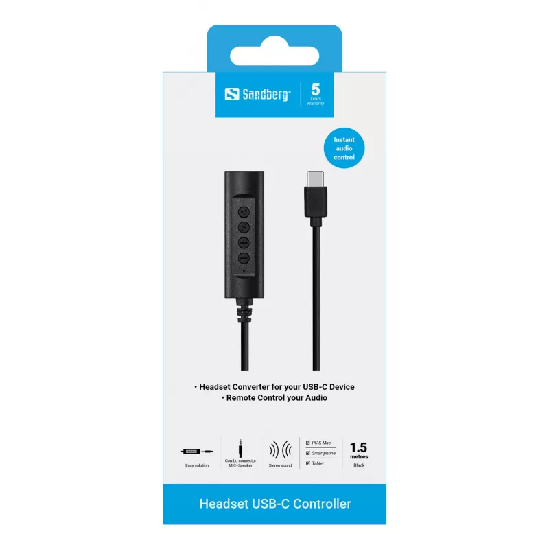 Sandbergi peakomplekti USB-C kontroller, 1,5 m, kontroller, 25 g, must