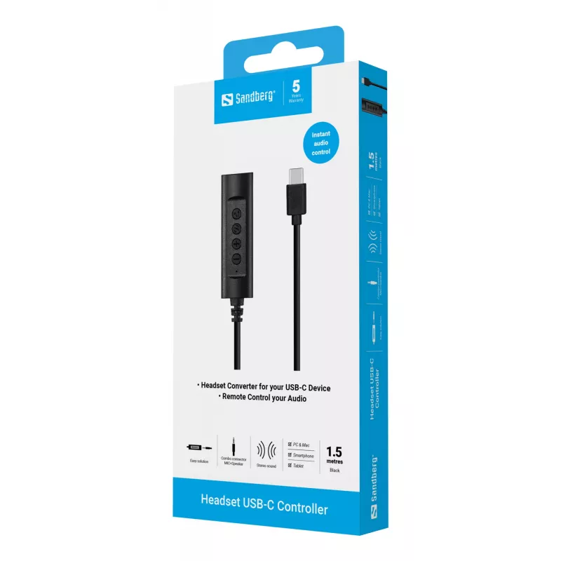 Sandbergi peakomplekti USB-C kontroller, 1,5 m, kontroller, 25 g, must