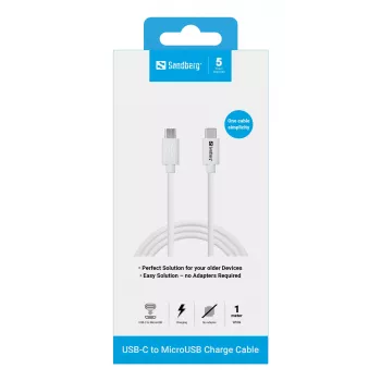 Sandberg USB-C>MicroUSB laadimiskaabel 1 m, 1 m, USB C, Micro-USB B, valge