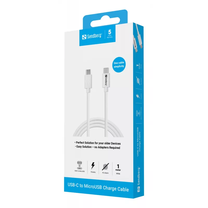 Sandberg USB-C>MicroUSB laadimiskaabel 1 m, 1 m, USB C, Micro-USB B, valge