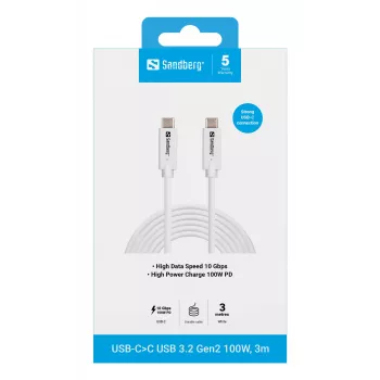 Sandberg USB-C>C USB 3.2 Gen2 100W, 3m, 3 m, USB C, USB C, USB 3.2 Gen 2 (3.1 Gen 2), 10 Gbit/s, Valge