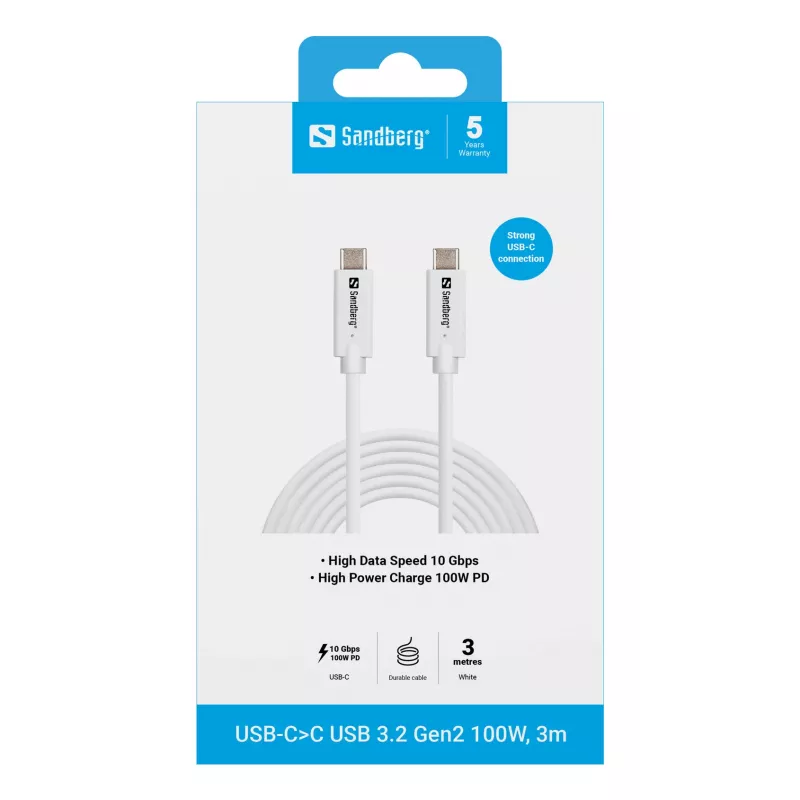 Sandberg USB-C>C USB 3.2 Gen2 100W, 3m, 3 m, USB C, USB C, USB 3.2 Gen 2 (3.1 Gen 2), 10 Gbit/s, Valge