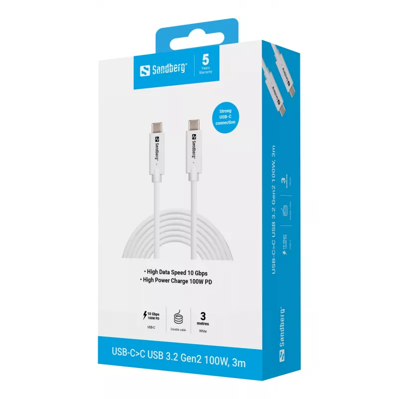 Sandberg USB-C>C USB 3.2 Gen2 100W, 3m, 3 m, USB C, USB C, USB 3.2 Gen 2 (3.1 Gen 2), 10 Gbit/s, Valge