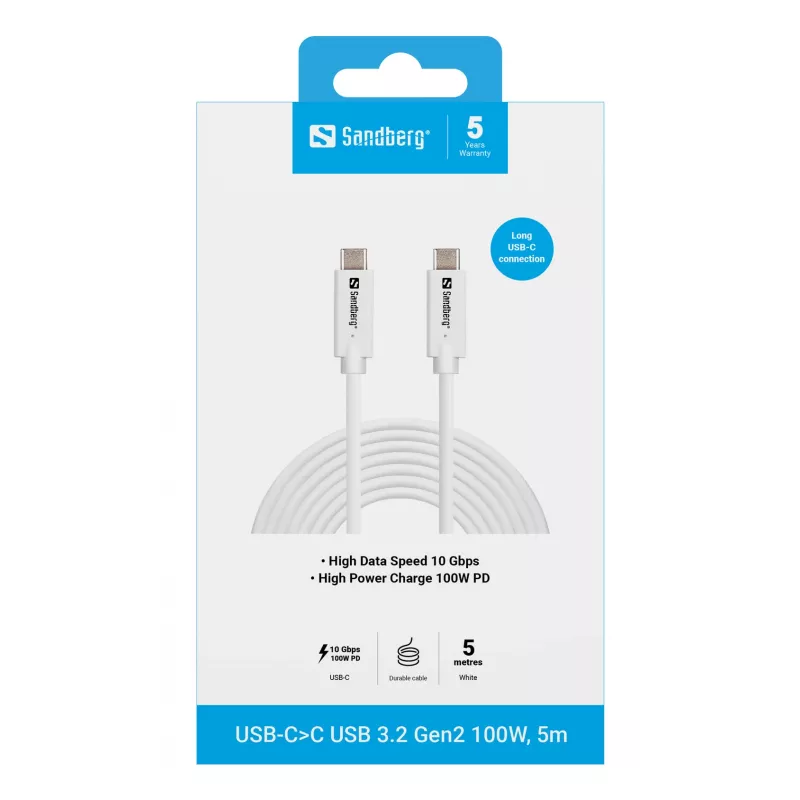 Sandberg USB-C-USB-C USB 3.2 Gen2 100W, 5m, 5 m, USB C, USB C, USB 3.2 Gen 2 (3.1 Gen 2), 10 Gbit/s, Valge