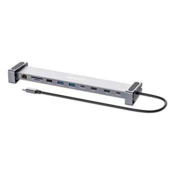 Manhattan USB-C dokk/jaotur kaardilugeja ja MST-ga, pordid (x7): Ethernet, HDMI (x2 4k@60Hz), USB-A (x3) ja USB-C, Power Delivery (PD) 100W – vajab välist USB-C laadijat (ei kuulu komplekti). USB-toitega (välist toiteallikat pole vaja), kui PD-d ei kasutata