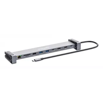 Manhattan USB-C dokk/jaotur kaardilugeja ja MST-ga, pordid (x7): Ethernet, HDMI (x2 4k@60Hz), USB-A (x3) ja USB-C, Power Delivery (PD) 100W – vajab välist USB-C laadijat (ei kuulu komplekti). USB-toitega (välist toiteallikat pole vaja), kui PD-d ei kasutata