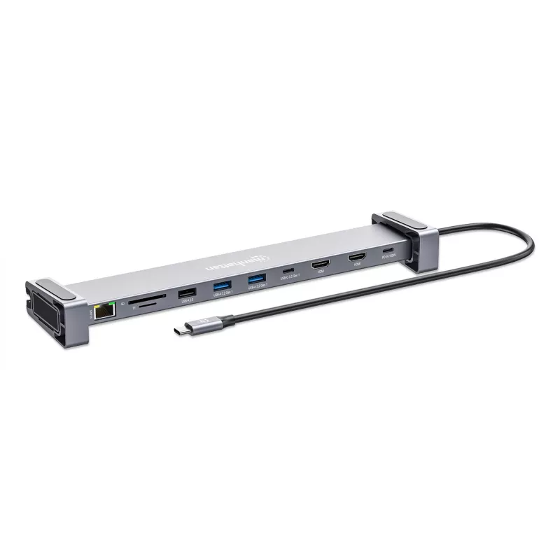 Manhattan USB-C dokk/jaotur kaardilugeja ja MST-ga, pordid (x7): Ethernet, HDMI (x2 4k@60Hz), USB-A (x3) ja USB-C, Power Delivery (PD) 100W – vajab välist USB-C laadijat (ei kuulu komplekti). USB-toitega (välist toiteallikat pole vaja), kui PD-d ei kasutata