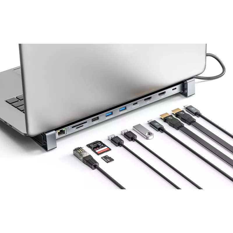 Manhattan USB-C dokk/jaotur kaardilugeja ja MST-ga, pordid (x7): Ethernet, HDMI (x2 4k@60Hz), USB-A (x3) ja USB-C, Power Delivery (PD) 100W – vajab välist USB-C laadijat (ei kuulu komplekti). USB-toitega (välist toiteallikat pole vaja), kui PD-d ei kasutata