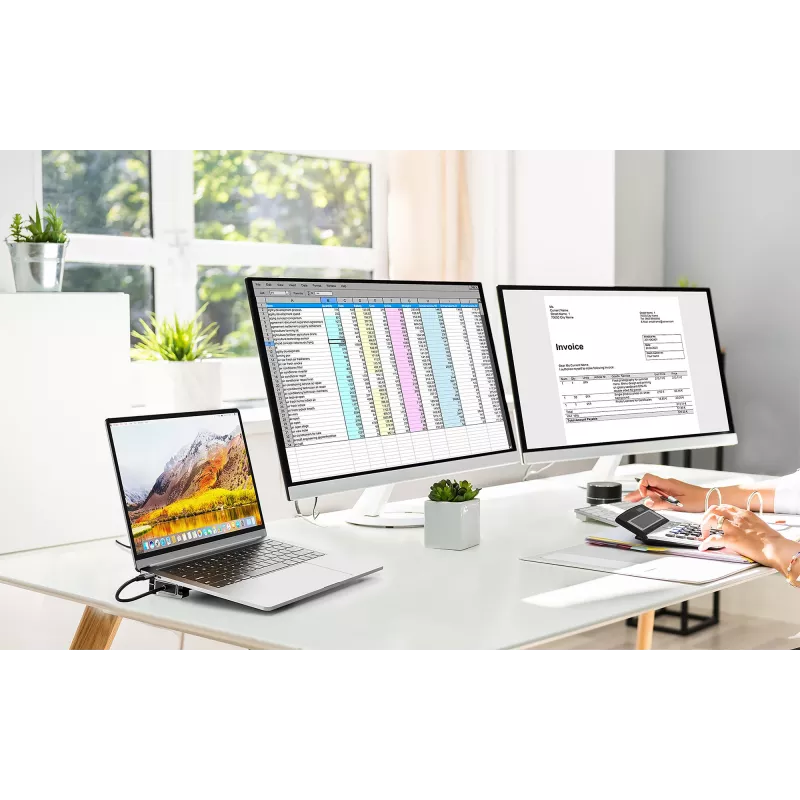 Manhattan USB-C dokk/jaotur kaardilugeja ja MST-ga, pordid (x7): Ethernet, HDMI (x2 4k@60Hz), USB-A (x3) ja USB-C, Power Delivery (PD) 100W – vajab välist USB-C laadijat (ei kuulu komplekti). USB-toitega (välist toiteallikat pole vaja), kui PD-d ei kasutata