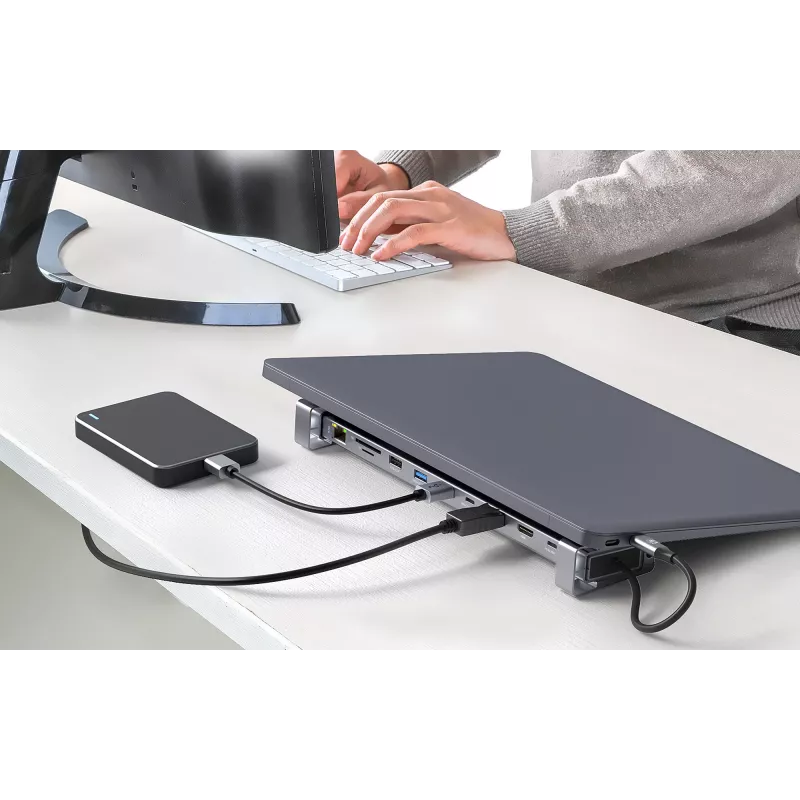 Manhattan USB-C dokk/jaotur kaardilugeja ja MST-ga, pordid (x7): Ethernet, HDMI (x2 4k@60Hz), USB-A (x3) ja USB-C, Power Delivery (PD) 100W – vajab välist USB-C laadijat (ei kuulu komplekti). USB-toitega (välist toiteallikat pole vaja), kui PD-d ei kasutata
