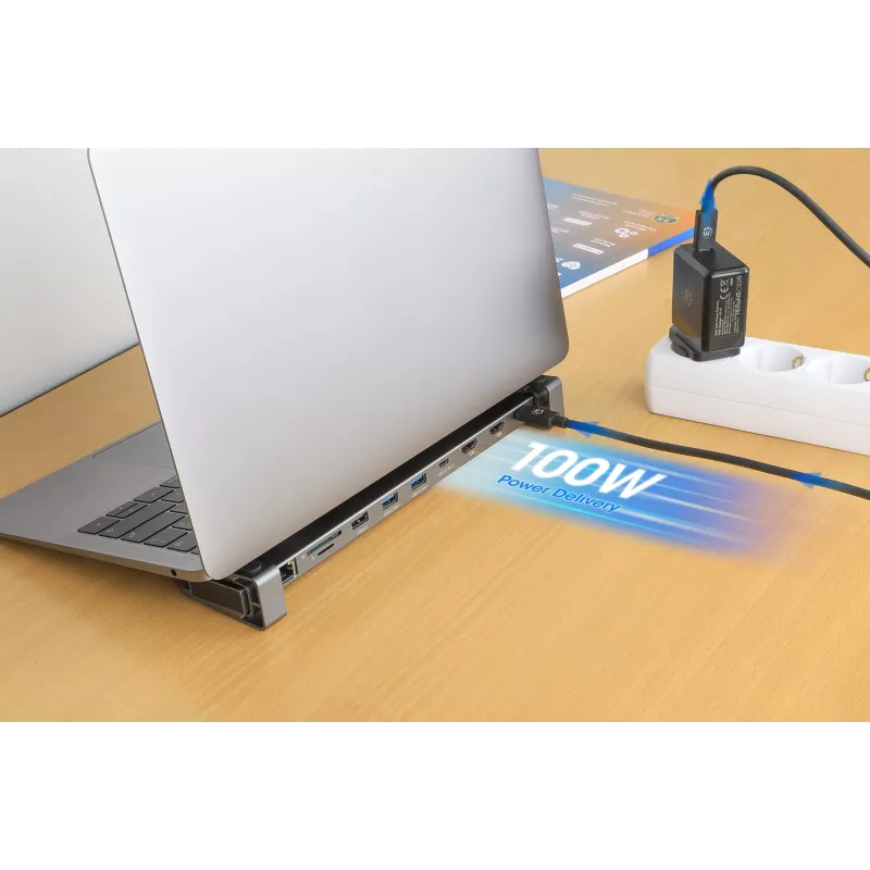 Manhattan USB-C dokk/jaotur kaardilugeja ja MST-ga, pordid (x7): Ethernet, HDMI (x2 4k@60Hz), USB-A (x3) ja USB-C, Power Delivery (PD) 100W – vajab välist USB-C laadijat (ei kuulu komplekti). USB-toitega (välist toiteallikat pole vaja), kui PD-d ei kasutata