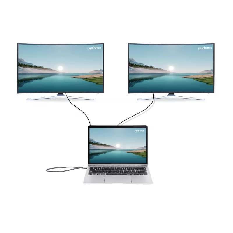 Manhattan USB-C dokk/jaotur kaardilugeja ja MST-ga, pordid (x7): Ethernet, HDMI (x2 4k@60Hz), USB-A (x3) ja USB-C, Power Delivery (PD) 100W – vajab välist USB-C laadijat (ei kuulu komplekti). USB-toitega (välist toiteallikat pole vaja), kui PD-d ei kasutata