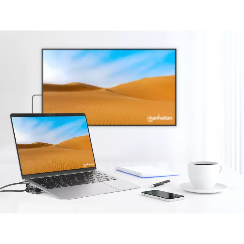 Manhattan USB-C dokk/jaotur kaardilugeja ja MST-ga, pordid (x7): Ethernet, HDMI (x2 4k@60Hz), USB-A (x3) ja USB-C, Power Delivery (PD) 100W – vajab välist USB-C laadijat (ei kuulu komplekti). USB-toitega (välist toiteallikat pole vaja), kui PD-d ei kasutata