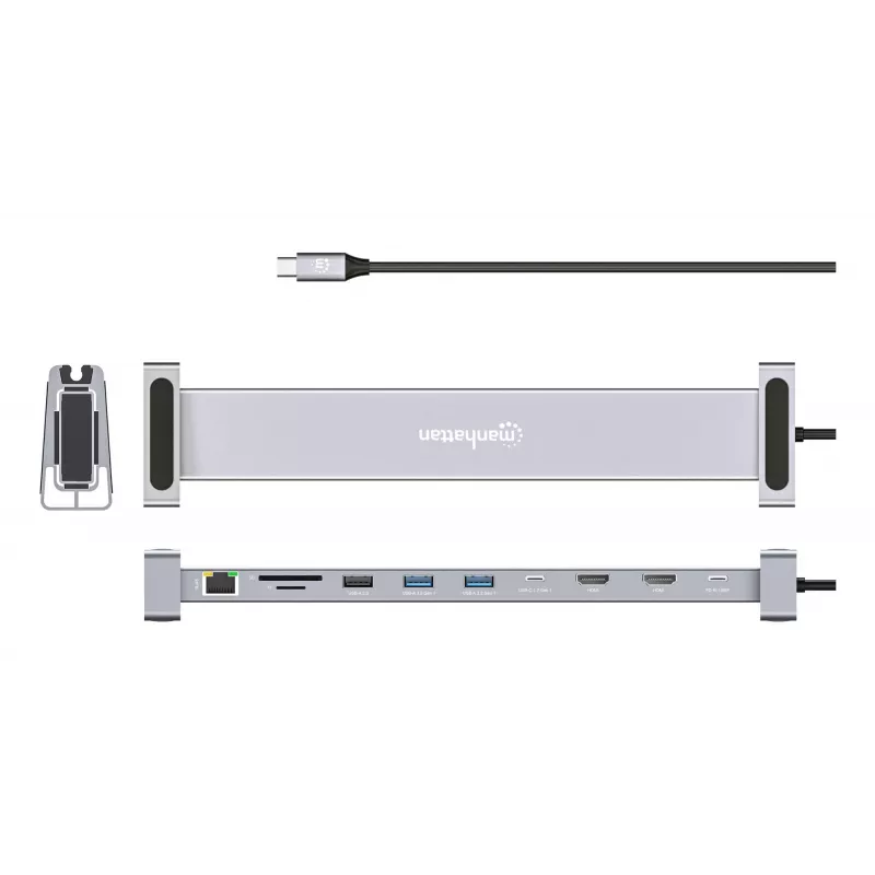 Manhattan USB-C dokk/jaotur kaardilugeja ja MST-ga, pordid (x7): Ethernet, HDMI (x2 4k@60Hz), USB-A (x3) ja USB-C, Power Delivery (PD) 100W – vajab välist USB-C laadijat (ei kuulu komplekti). USB-toitega (välist toiteallikat pole vaja), kui PD-d ei kasutata