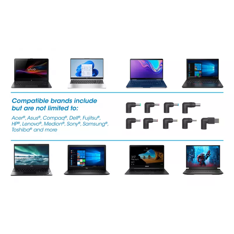 Manhattan Universaalne Sülearvuti/Laptop EL Toiteadapter, 65W, Automaatne 9 Pistikotsaga, Ühildub Enamiku Sülearvutitega, Ideaalne Asendustoiteallikas, EL Toitekaabel, Ühildub, Aga Mitte Ainult: Acer, Asus, Dell, Fujitsu, HP, Lenovo, Samsung, Toshiba Ja Palju Muud