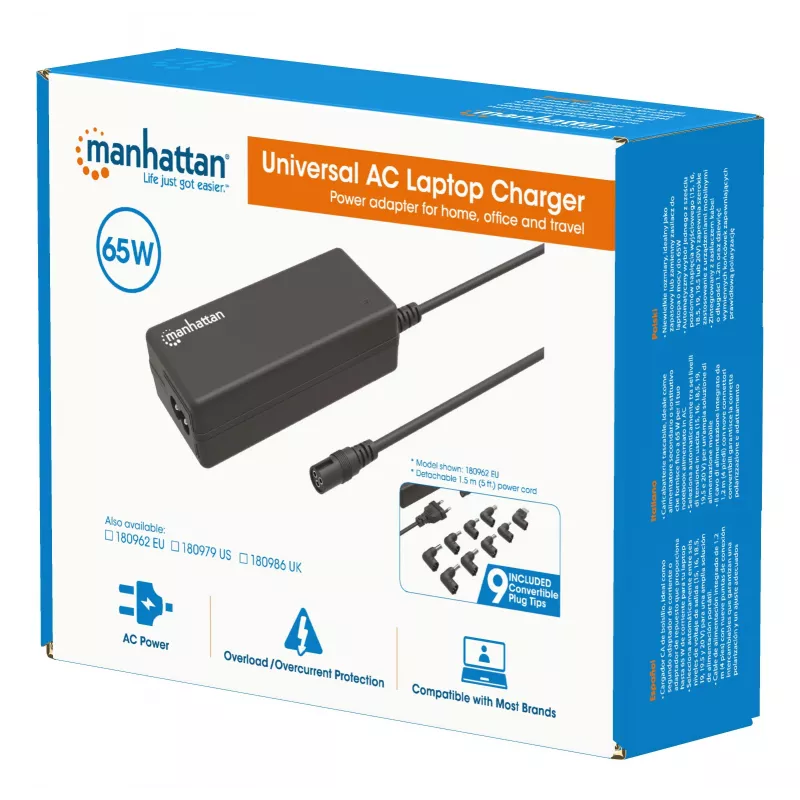 Manhattan Universaalne Sülearvuti/Laptop EL Toiteadapter, 65W, Automaatne 9 Pistikotsaga, Ühildub Enamiku Sülearvutitega, Ideaalne Asendustoiteallikas, EL Toitekaabel, Ühildub, Aga Mitte Ainult: Acer, Asus, Dell, Fujitsu, HP, Lenovo, Samsung, Toshiba Ja Palju Muud