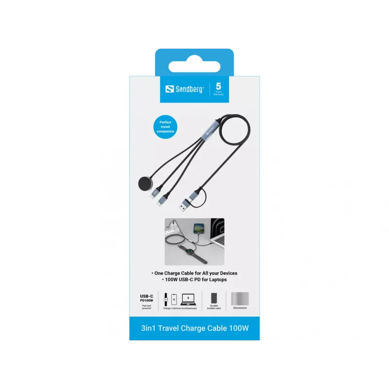 Sandberg 3in1 Travel Charge kaabel 100W, 1,2 m, USB A/USB C, Must