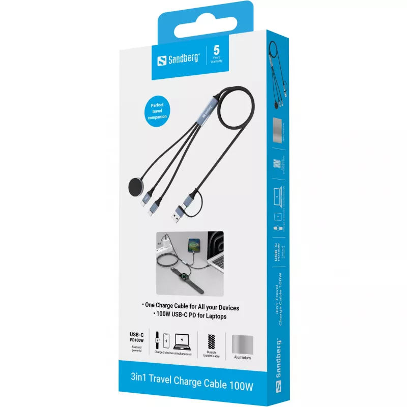Sandberg 3in1 Travel Charge kaabel 100W, 1,2 m, USB A/USB C, Must